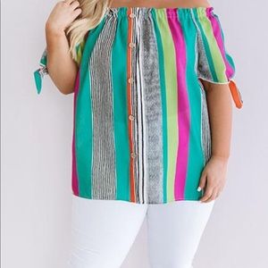 Striped Off The Shoulder Shift Green Top